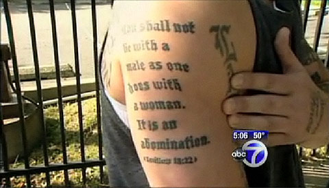 anti gay tattoo. That's the verse from the Bible that homophobes use to 